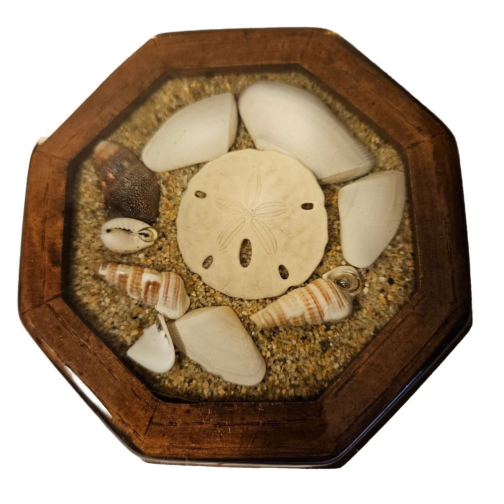 Vintage Wood Trinket Box Octagon Shaped Acrylic Resin Lid‎ w/Seashells & Sand